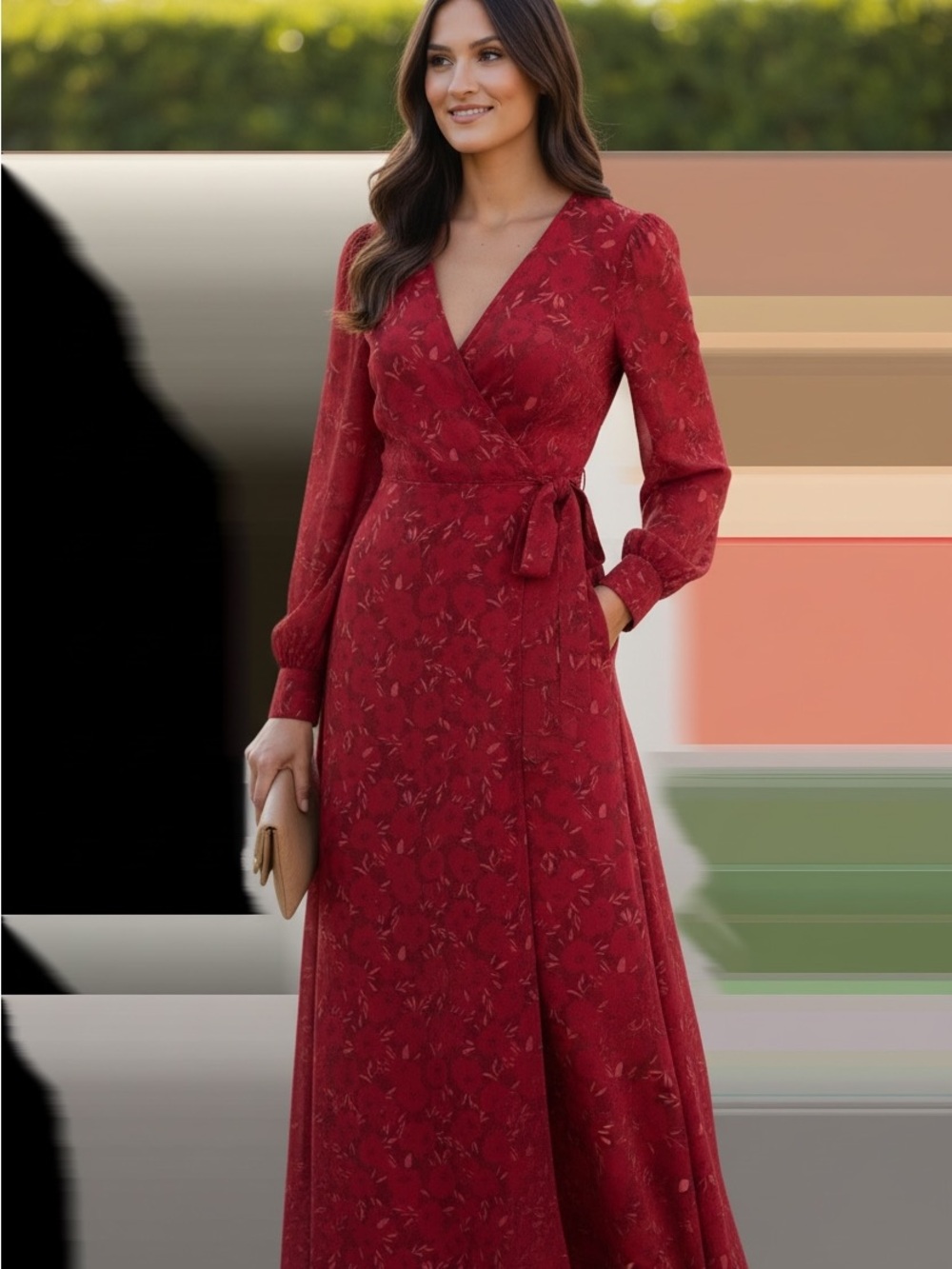 Aakaa Deep Red Floral Satin Wrap Maxi Dress with Tie Waist